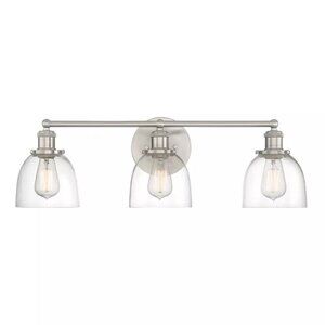 Evelyn 3-Light Brushed Nickel 26.75" Industrial Vanity Clear Glass Shade
